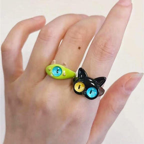 Funny Cat Monster Ring Earrings Set - zuzumia