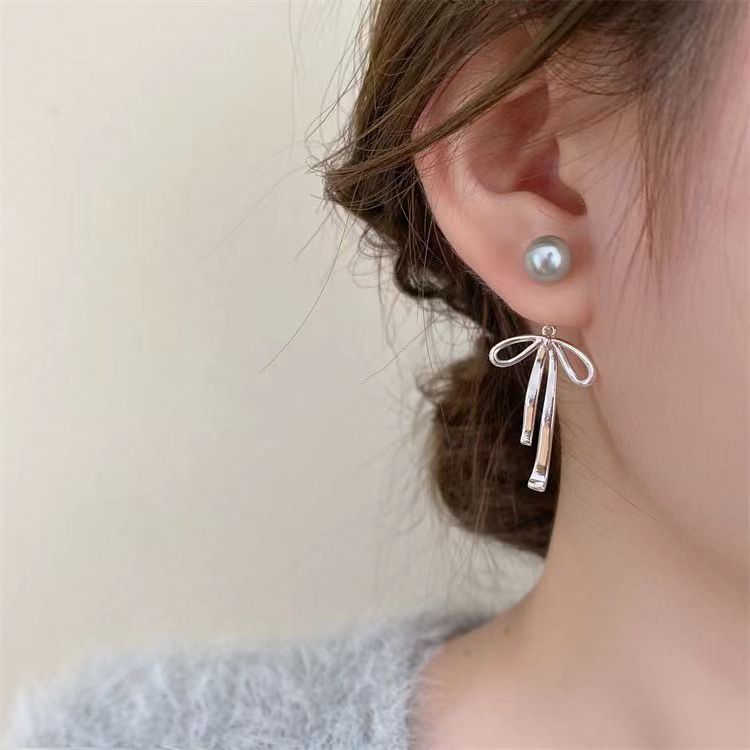 Detachable Pearl Bow Dangle Earrings