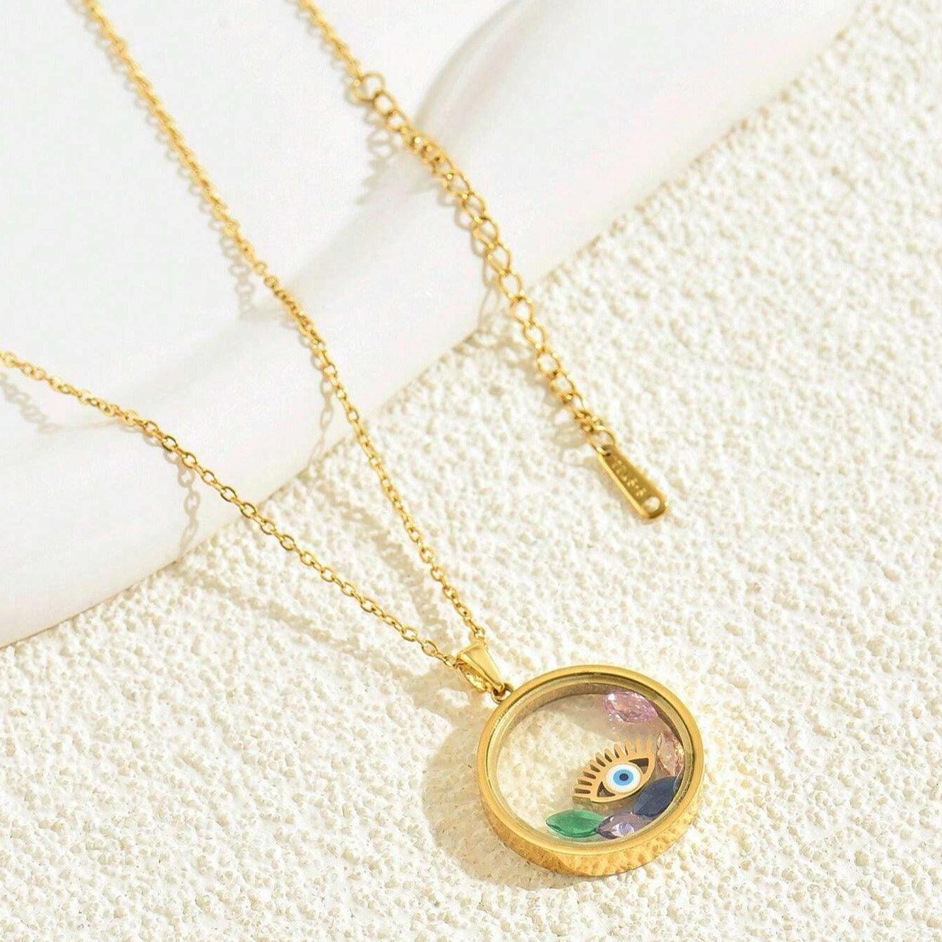 Evil Eye Pendant Necklace With Rotating Parts - zuzumia