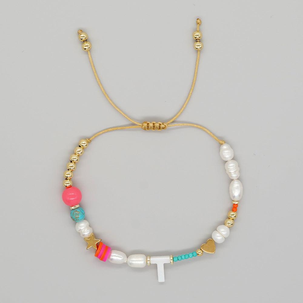 Handmade Initial Letter Stone Pearl Bracelet - zuzumia