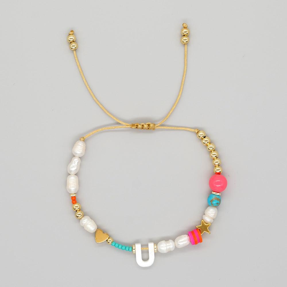 Handmade Initial Letter Stone Pearl Bracelet - zuzumia
