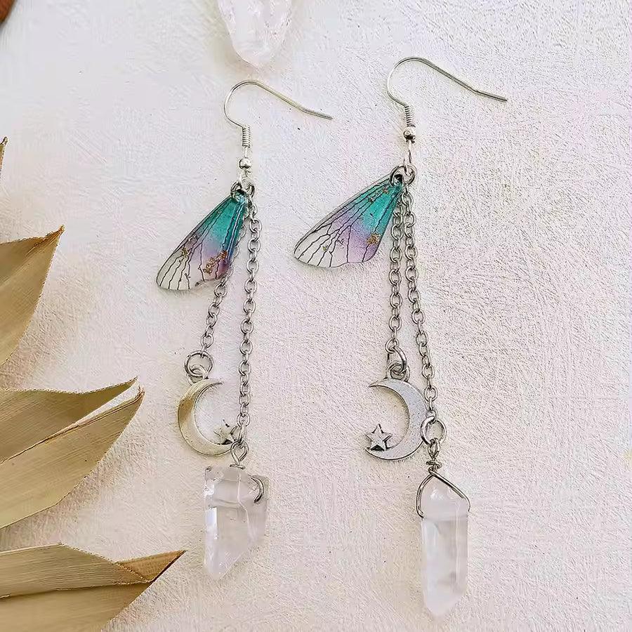 Butterfly Wing Moon Crystal Tassel Boho Earrings - zuzumia