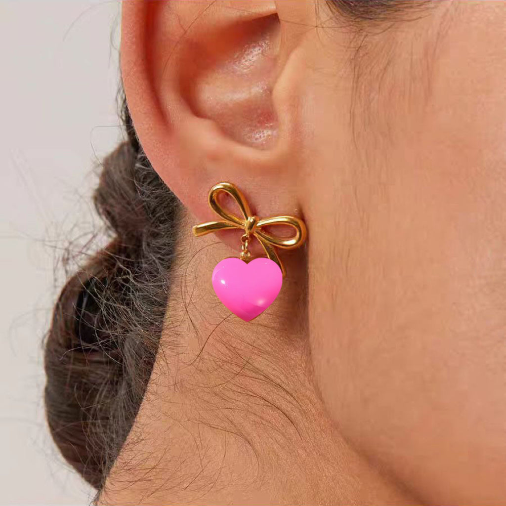 Puffed Heart Bow Earrings