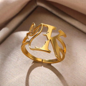 18K Gold Initial Letter Face Ring - zuzumia