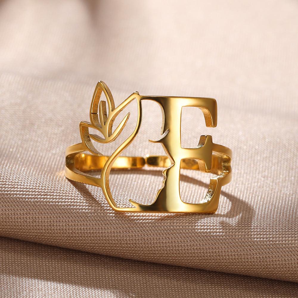 18K Gold Initial Letter Face Ring - zuzumia