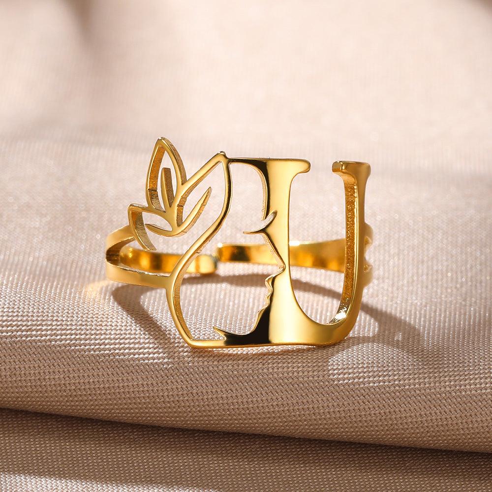 18K Gold Initial Letter Face Ring - zuzumia