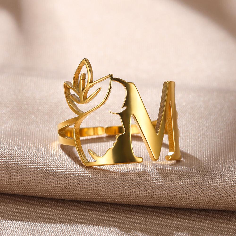 18K Gold Initial Letter Face Ring - zuzumia