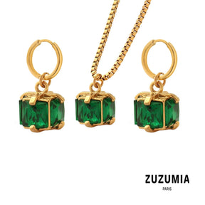 Green Zircon Pendant Necklace & Hoop Earrings - zuzumia
