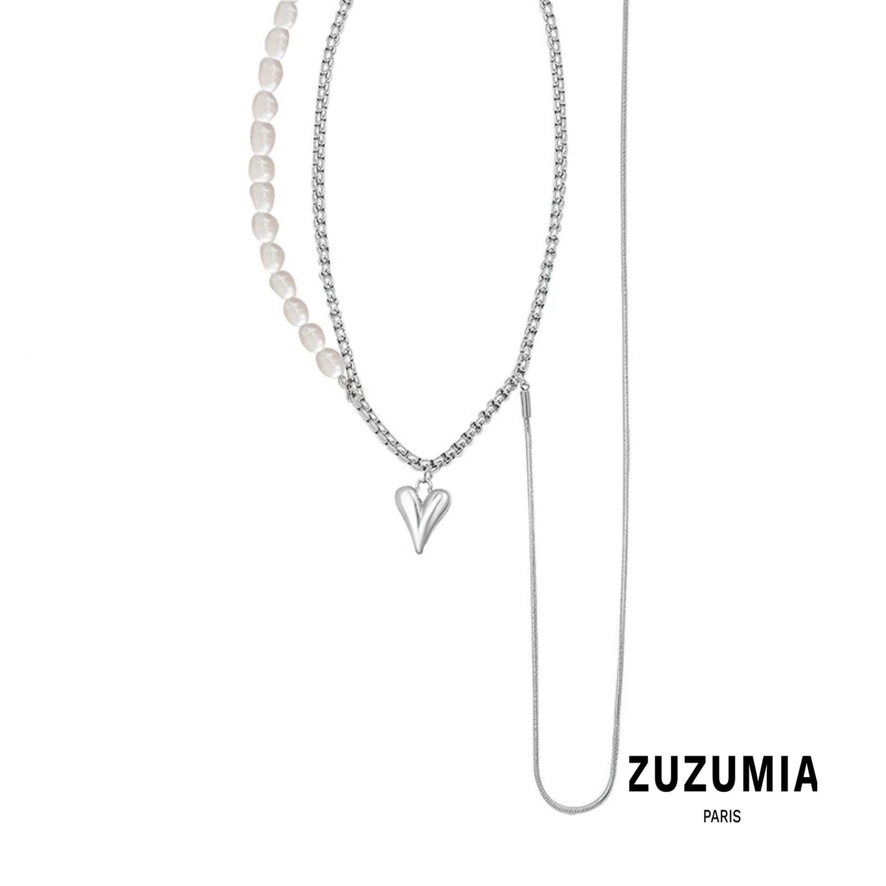 Double-Layered Pearl Heart Pendant Necklace - zuzumia