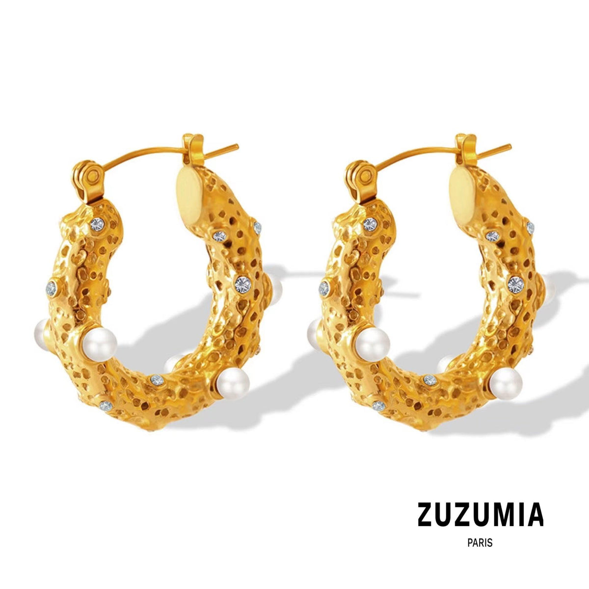 U Shaped Pearl Zircon Hoop Earrings - zuzumia