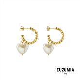 Peach Heart Pearl Hoop Earrings - zuzumia