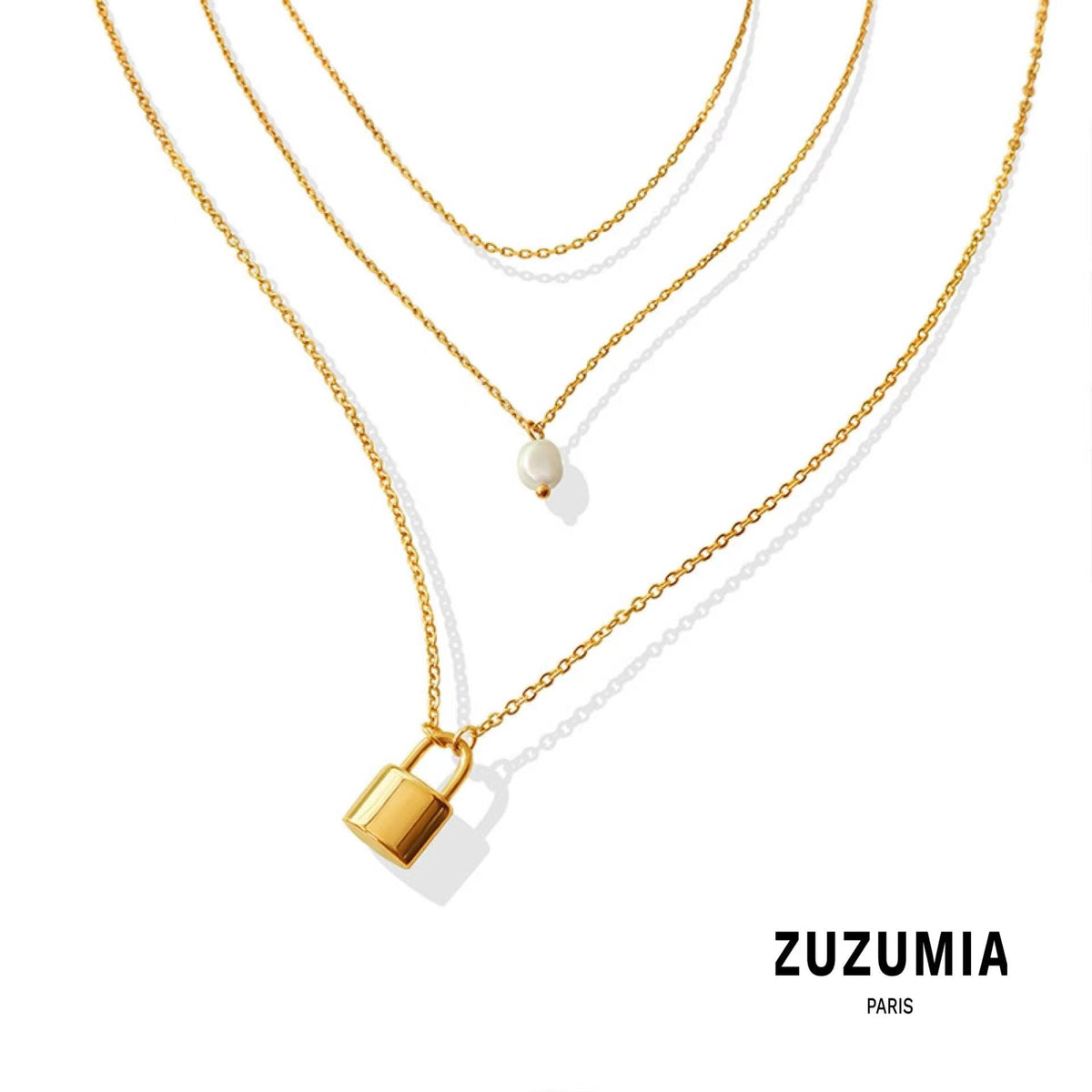 Pearl Double Layered Lock Pendant Necklace - zuzumia