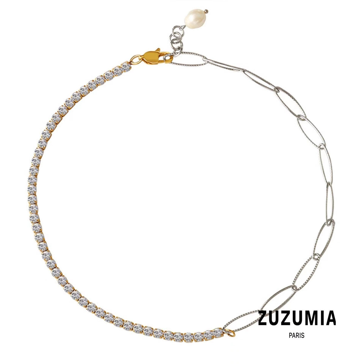 Patchwork Chain Zircon Pearl Pendant Necklace - zuzumia