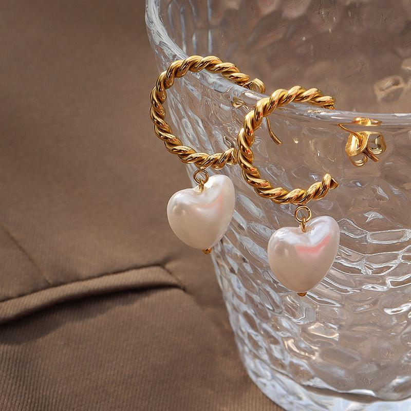 Peach Heart Pearl Hoop Earrings - zuzumia