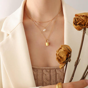 Pearl Double Layered Lock Pendant Necklace - zuzumia