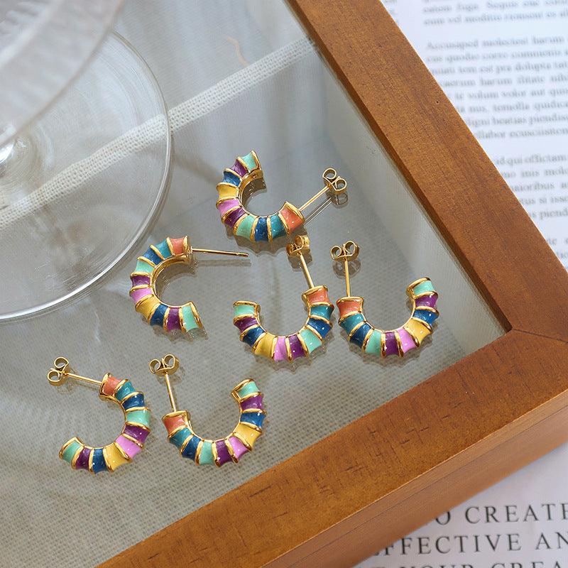 Colorful Enamel Bamboo C-Shape Drop Hoop Earrings - zuzumia