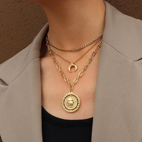 Three Layers of Female Moon Lion Pendant Sweater Necklace - zuzumia